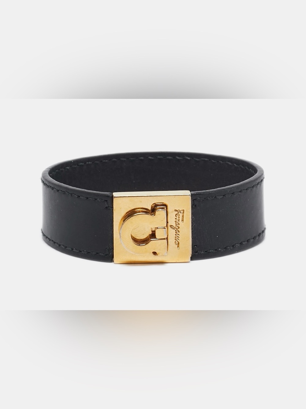 Vintage Salvatore Ferragamo Black Leather Bracelet with Gold Gancini Clasp